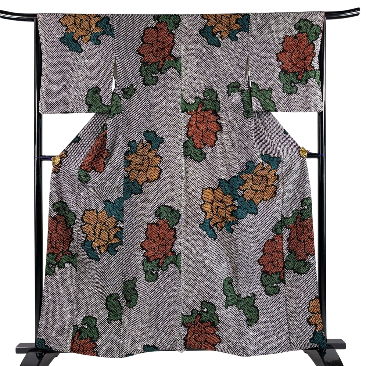 小紋 身の丈161珊 裄丈66珊 M 袷 顕花植物 総絞り 黒 正絹 神品 【中古】