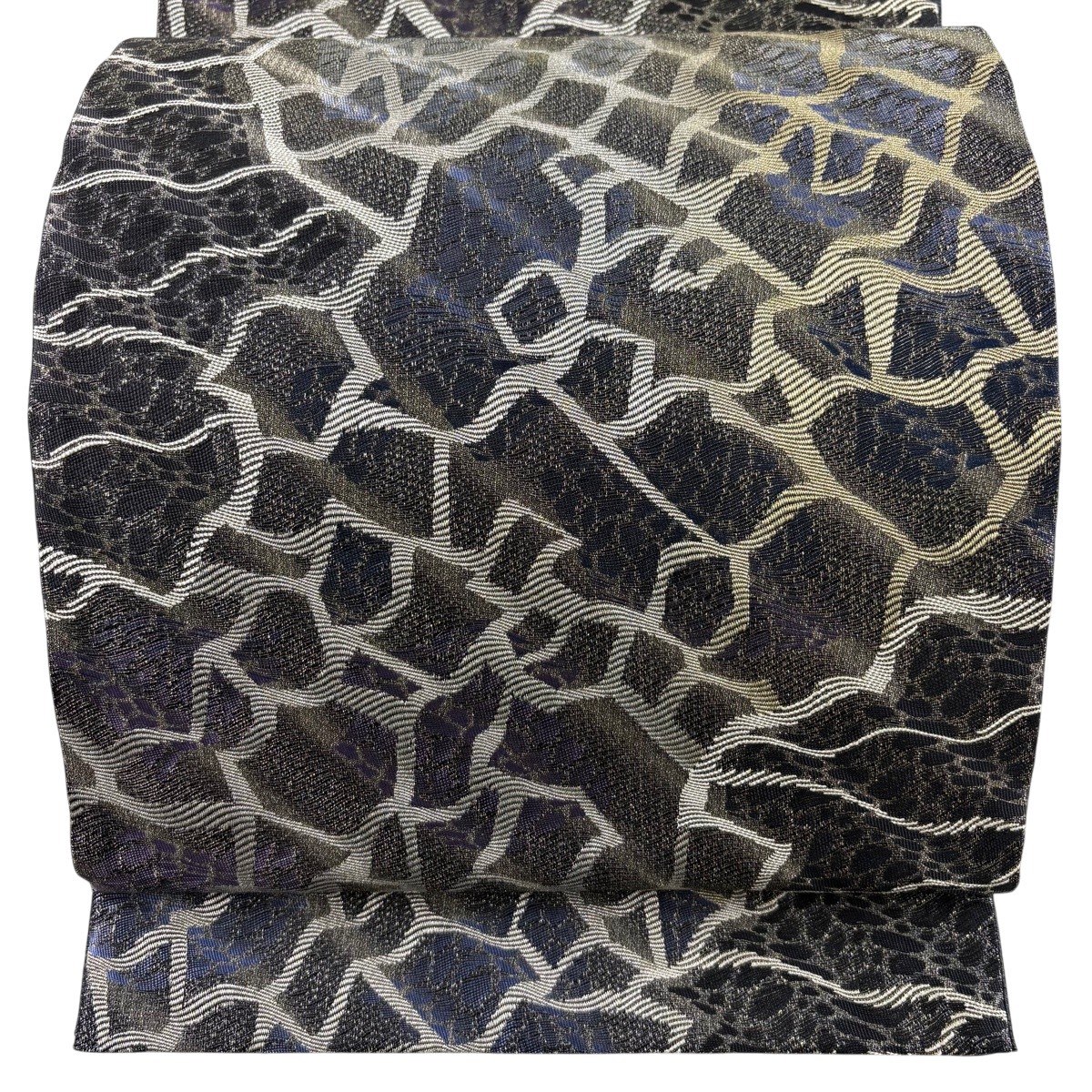 【美品】 袋帯 名篇 幾何学学飾りつけ 現ナマ糸 黒灰 六通 正絹 【中古】
