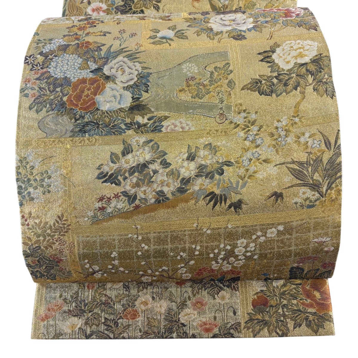 丸帯 珠玉 名取り草 桜 金糸 箔 金色 全通 正絹 【中古】