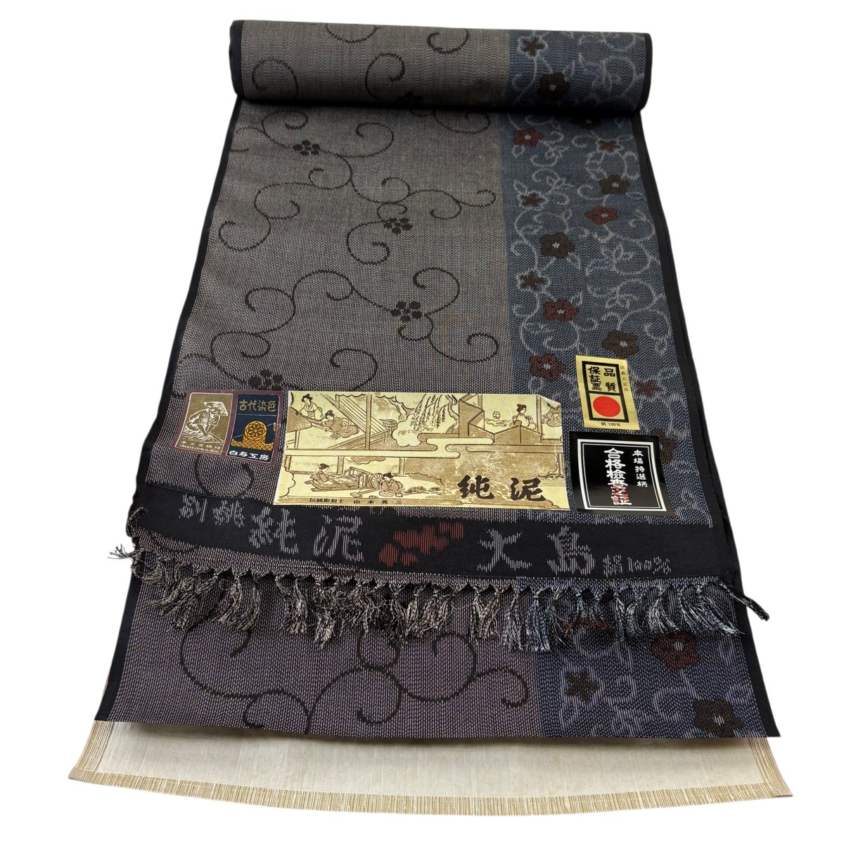 布切れ 秀品 紬  花唐草 純泥 黒灰 正絹 【中古】