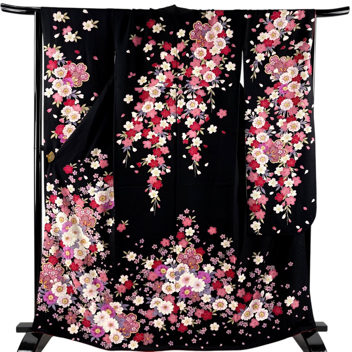 【美品】 振袖 身の丈165.5珊 裄丈67珊 M 袷 顕花植物 桜 刺しゅう 箔 黒 正絹 神品 【中古】