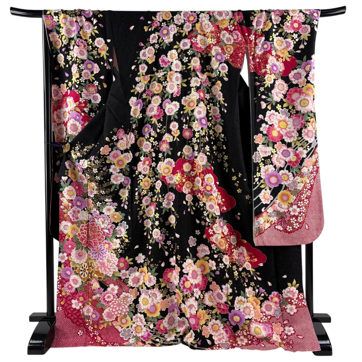 【美品】 振袖 身たけ173.5糎 裄丈72.5糎 L 袷 割れ易い 桜 箔 銀通し 黒 正絹 珠玉 【中古】