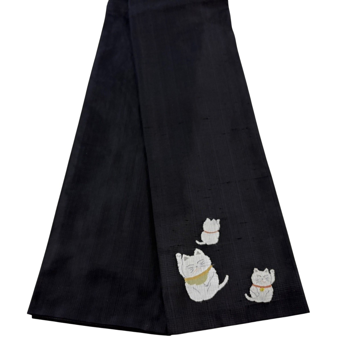 【美品】半幅帯 神品 猫 黒 正絹 【中古】