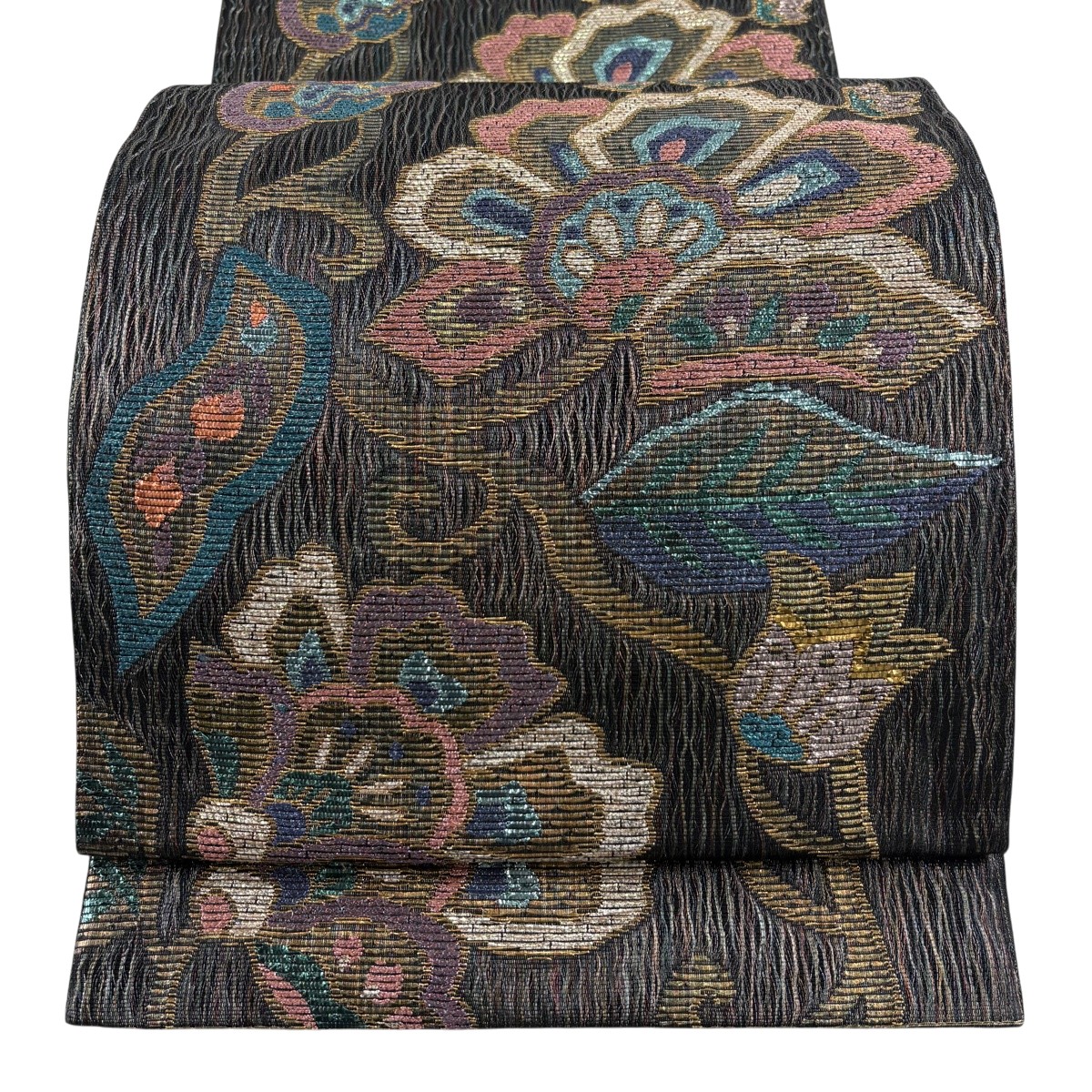 【美品】 袋帯 秀品 関西仕立てもの 花唐草 箔 ラメ糸 黒 六通 正絹 【中古】