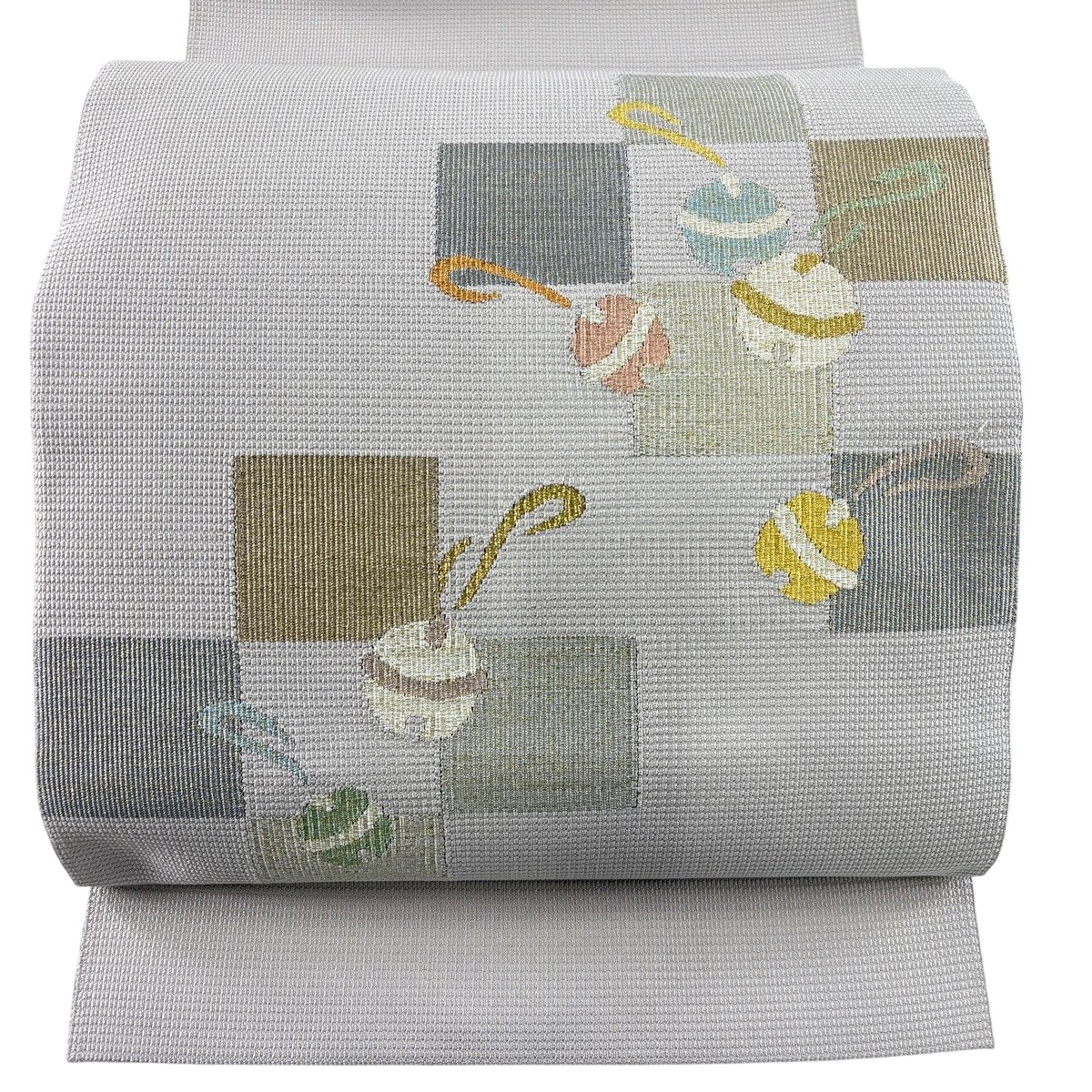 【美品】 名古屋帯 神品 八寸名古屋帯 松葉仕立てもの 鈴 市松 金糸 灰紫 正絹 【中古】