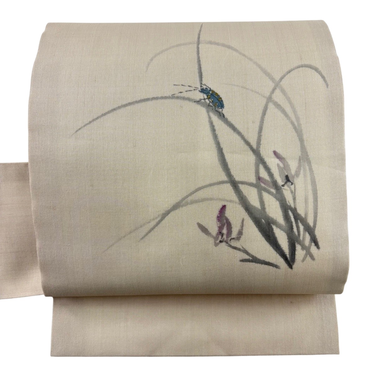 【美品】 名古屋帯 名篇 書き判あり 夏帯 顕花植物 虫けら 灰茶 正絹 【中古】
