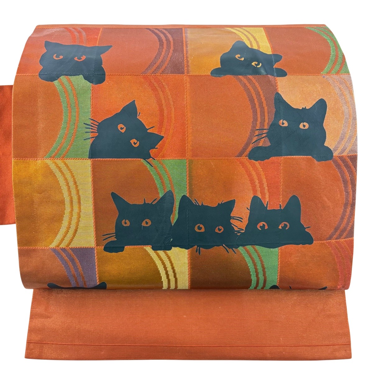 【美品】 名古屋帯 神品 関西仕立てもの 猫 市松 箔 赤茶 正絹 【中古】