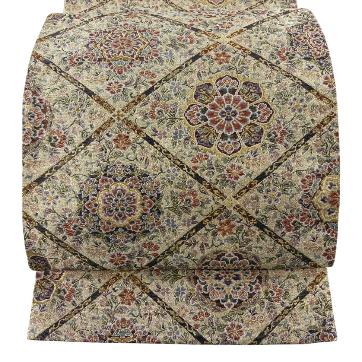 【美品】 袋帯 珠玉 菱華文 金糸 箔 ベージュ 六通 正絹 【中古】