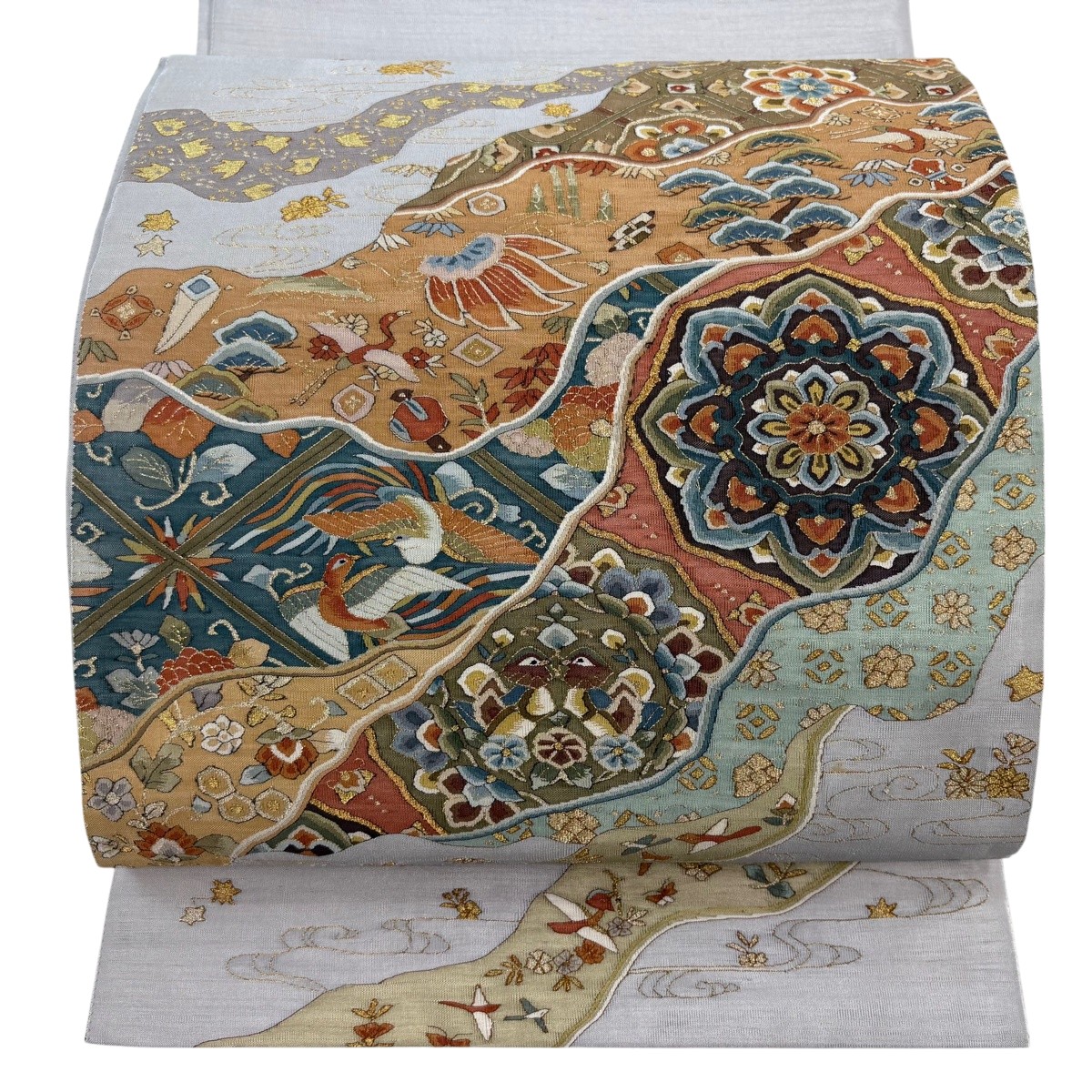 【美品】 袋帯 珠玉 華文 鳥 金糸 薄墨色 お太鼓柄 正絹 【中古】