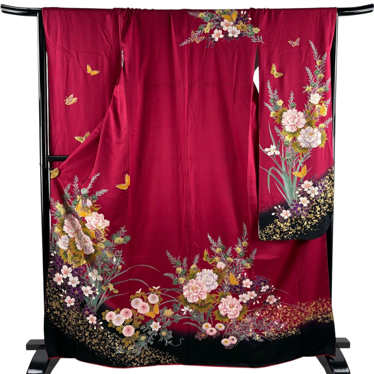 【美品】 振袖 身の丈165珊 裄丈68.5珊 L 袷 名取り草 蝶 金彩 染め分け えんじ色 正絹 神品 【中古】