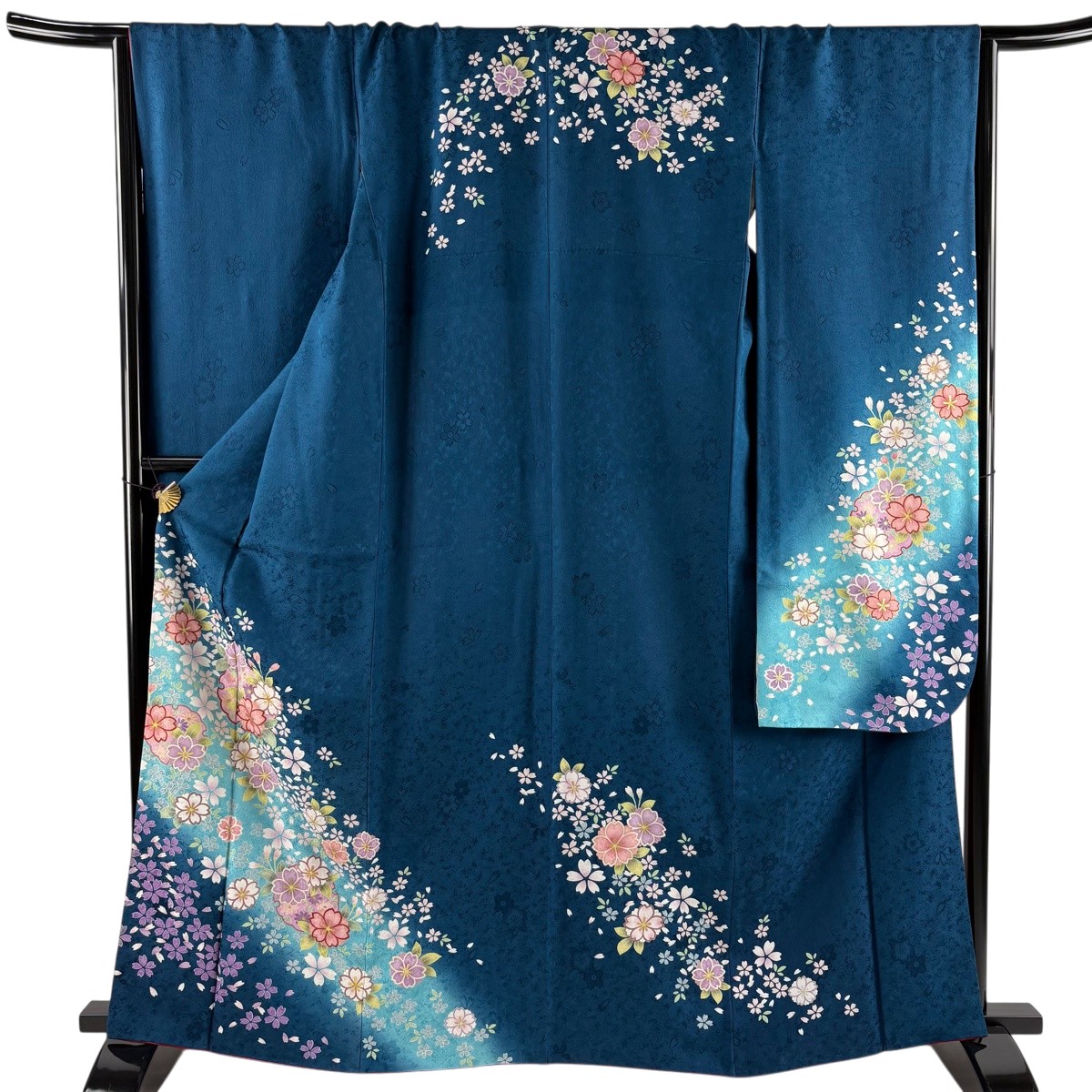 【美品】 振袖 身の丈165珊 裄丈67珊 M 袷 桜 雪輪 金彩 染め分け 青 正絹 神品 【中古】