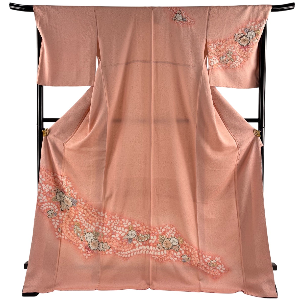 【美品】 短い訪問着 身の丈175.5珊 裄丈68.5珊 L 袷 辻が花柄 藤 絞り ぼかし さくら色 正絹 神品 【中古】