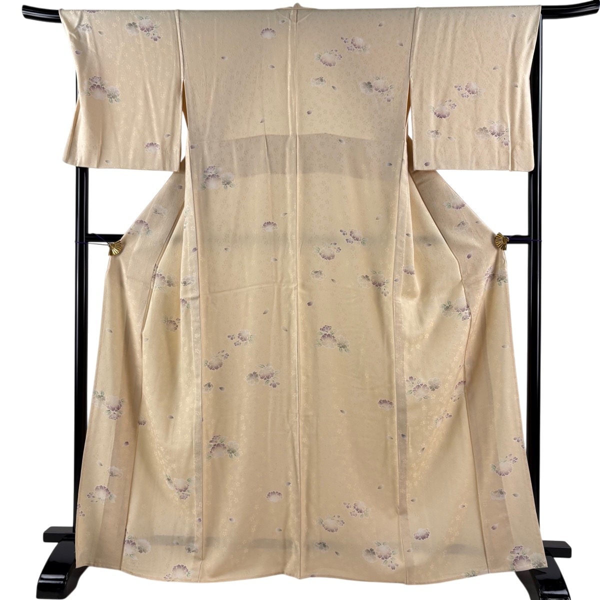 小紋 身の丈166.5珊 裄丈68.5珊 L 単衣 桜 地紋 ベージュ 正絹 神品 【中古】