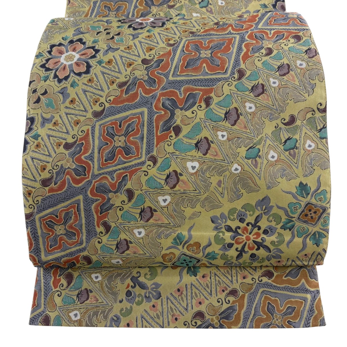 【美品】 袋帯 珠玉 証紙あり 顕花植物 花菱 薄黄 六通 正絹 【中古】