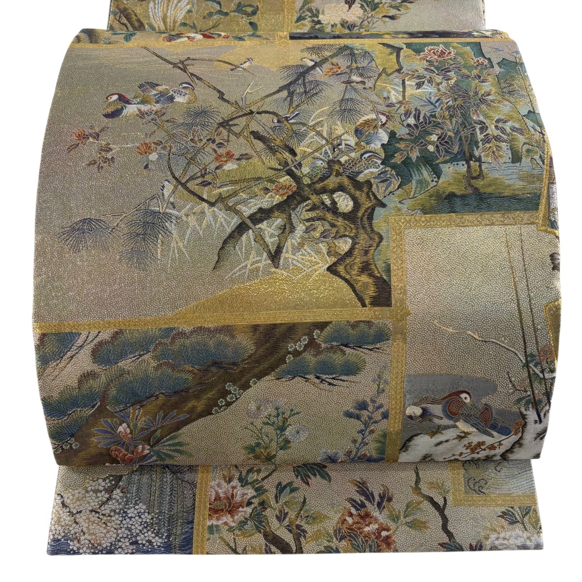 【美品】 丸帯 珠玉 日本屏風絵大観 扇 花鳥 金糸 箔 金色 お太鼓柄 正絹 【中古】