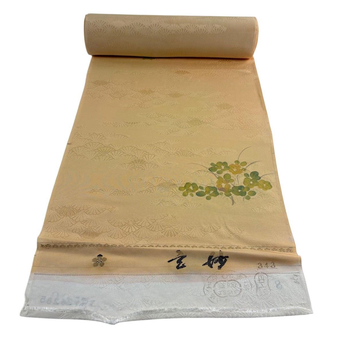 布切れ 秀品 小紋 顕花植物 地紋 薄オレンジ色 正絹 【中古】