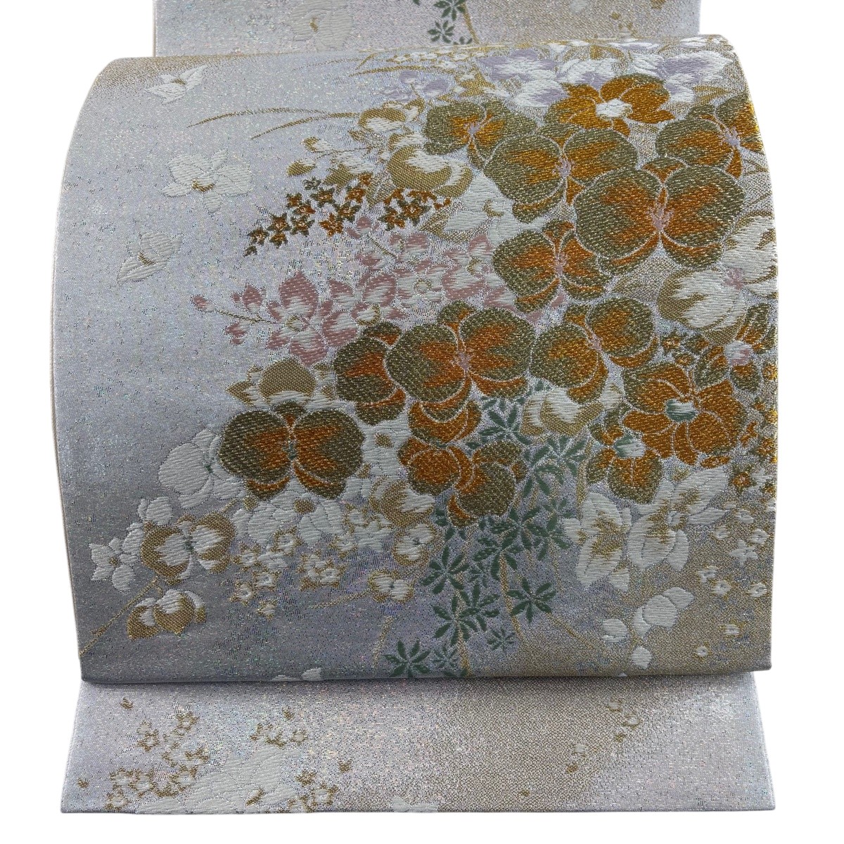 【美品】 袋帯 神品 蘭 顕花植物 金糸 箔 しろがね色 六通 正絹 【中古】