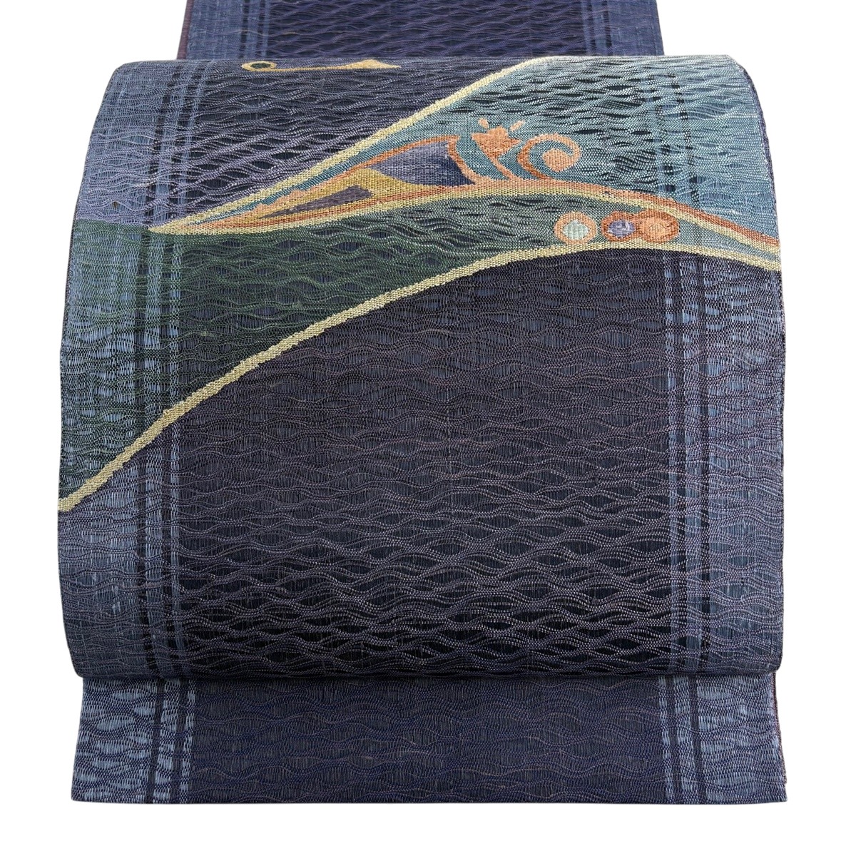 【美品】 袋帯 秀品 幾何学学飾りつけ 金糸 青紫 お太鼓柄 正絹 【中古】