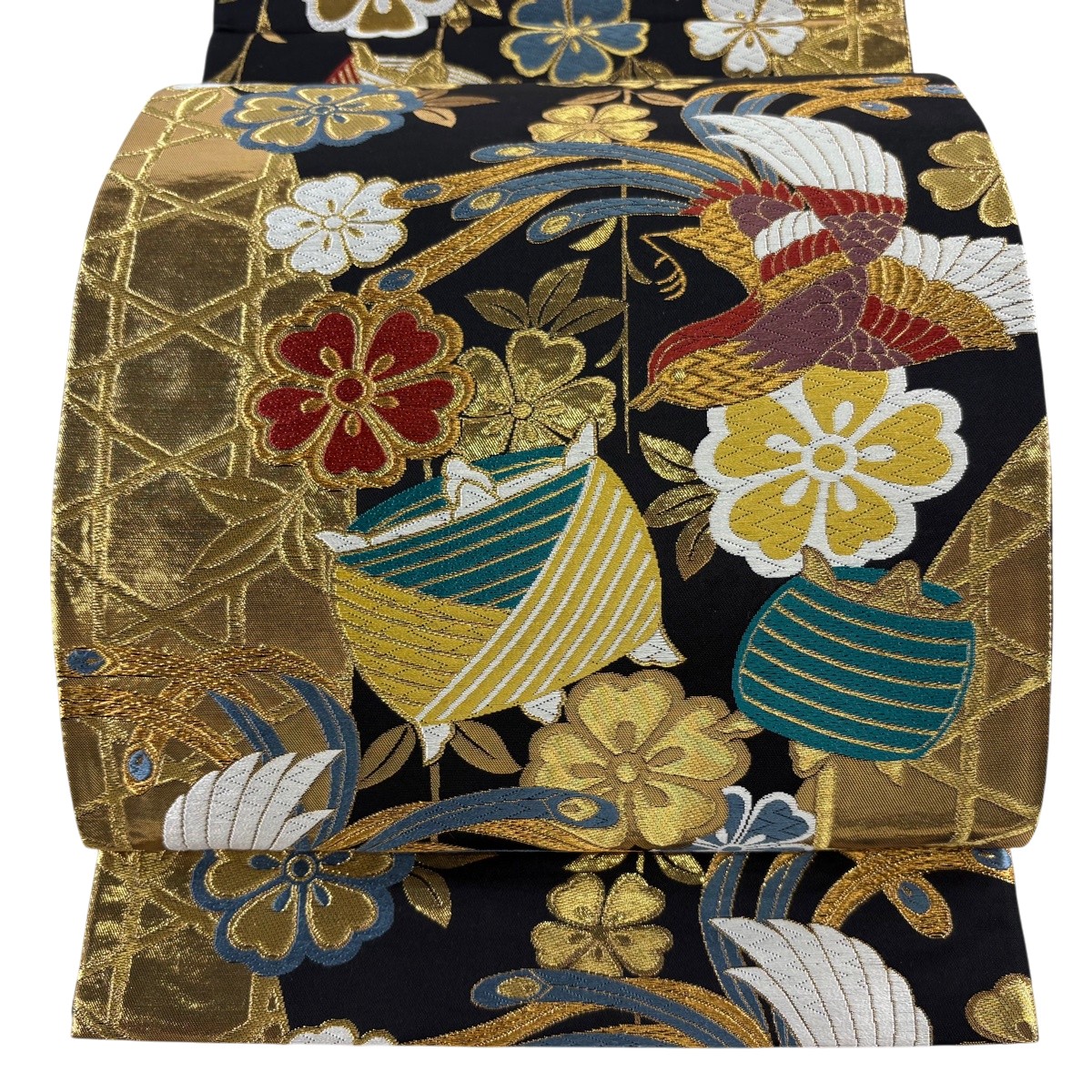 【美品】 袋帯 秀品 福仙 振袖方位 桜 糸巻き 金糸 箔 黒 六通 正絹 【中古】