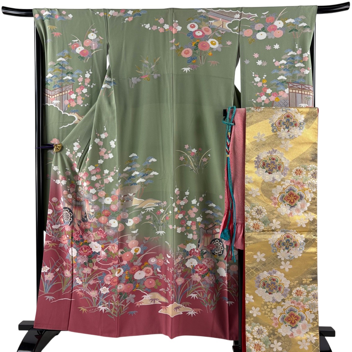 【美品】 振袖 身たけ160糎 裄丈67糎 M 袷 袋帯フルセット 御所車 松竹梅 染め分け よもぎ色 正絹 秀品 【中古】