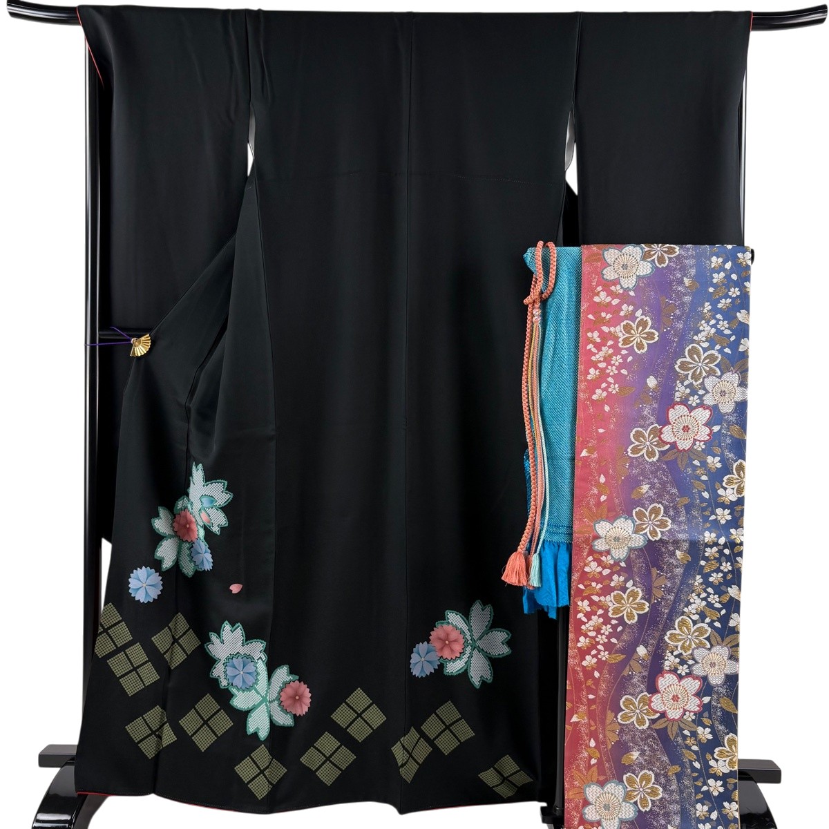 【美品】 振袖 身の丈165珊 裄丈69珊 L 袷 袋帯フルセット 桜 菱 金彩 黒 正絹 秀品 【中古】