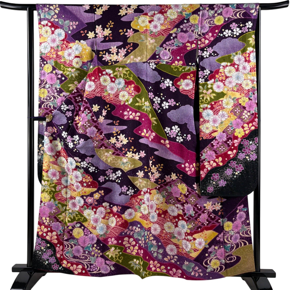 【美品】振袖 身の丈158.5糎 裄丈63糎 S 袷 顕花植物 雲文 銀通し 絞り 紫 正絹 珠玉 【中古】
