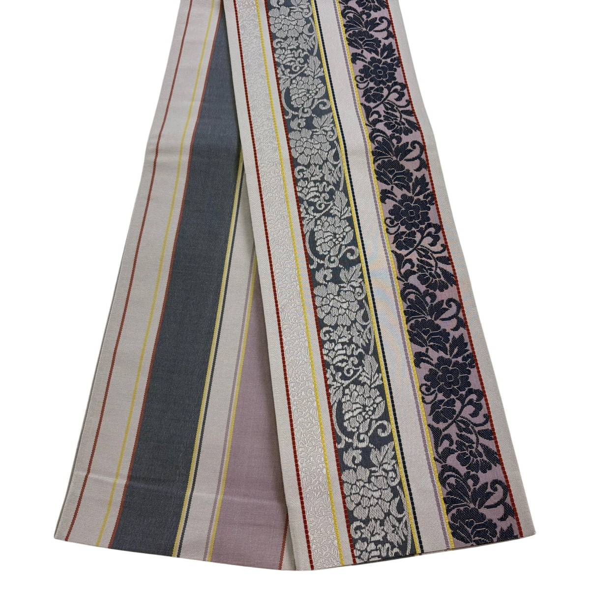 半幅帯 秀品 縞 花唐草 灰紫 正絹 【中古】