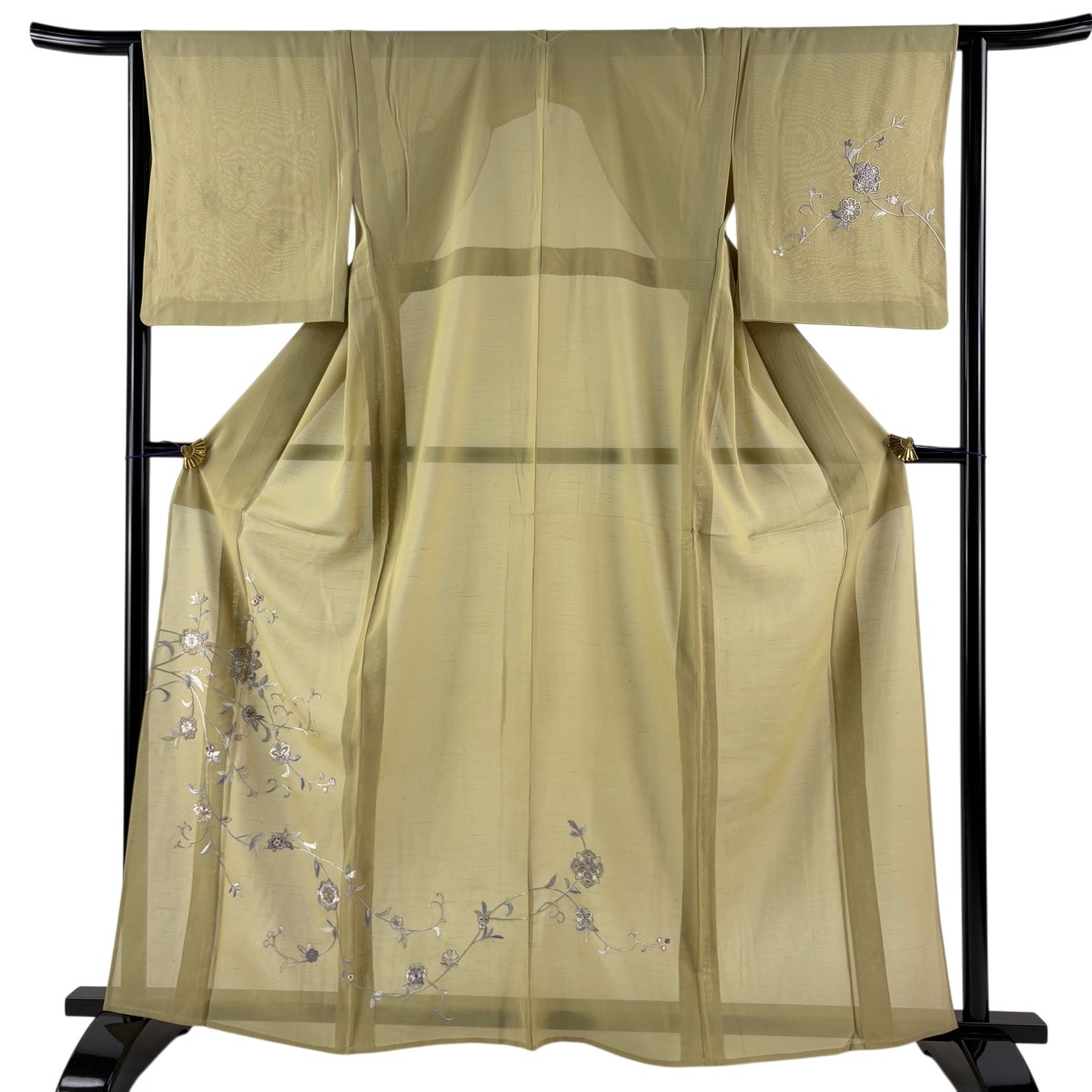 付下げ 身の丈163珊 裄丈63珊 S 単衣 花唐草 刺しゅう 金糸 鶯色 正絹 神品 一往紋 【中古】