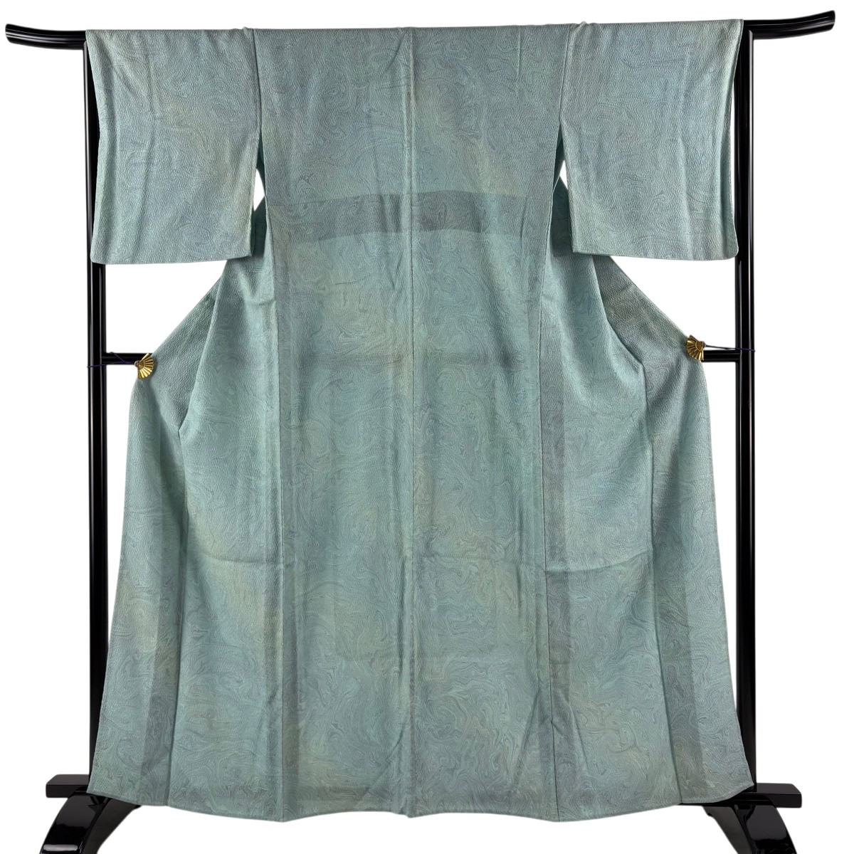 小紋 身の丈162珊 裄丈65.5珊 M 単衣 墨流し 水色 正絹 神品 【中古】