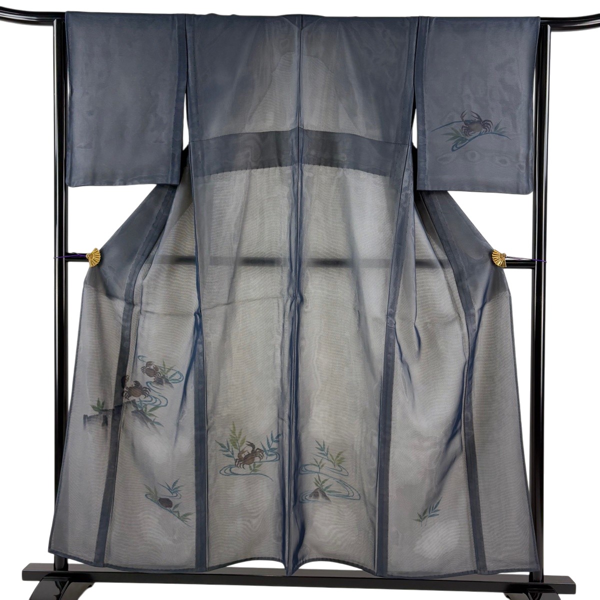 【美品】 付下げ 身の丈155珊 裄丈63.5珊 S 紗絽袷 蟹 葉柄 紺色 正絹 神品 【中古】