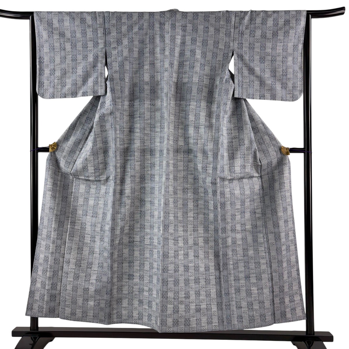 【美品】 紬 身の丈154.5珊 裄丈64珊 M 単衣 縦縞 幾何学学 薄墨色 正絹 神品 【中古】