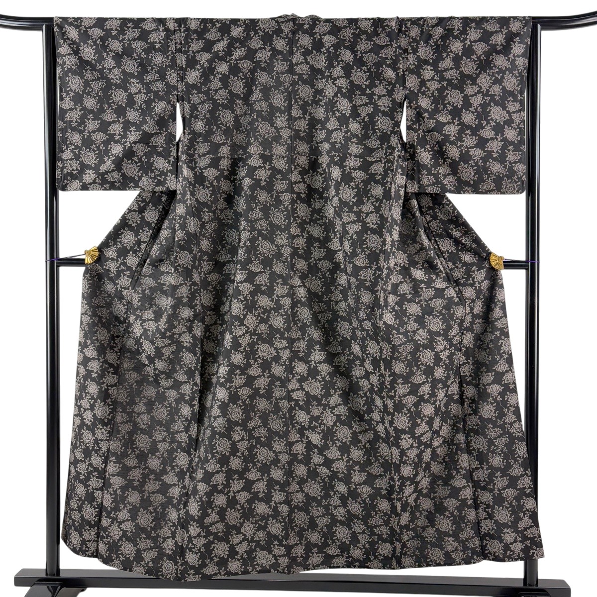 【美品】 小紋 身の丈155.5珊 裄丈64珊 M 単衣 紬地 ローズ 墨色 正絹 神品 【中古】