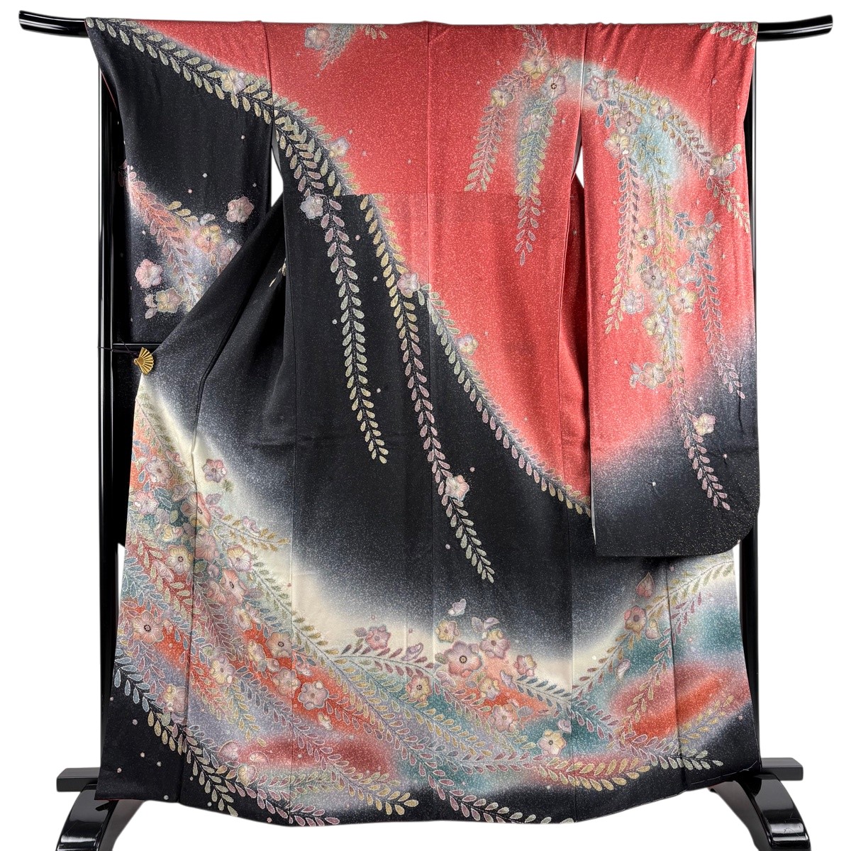 【美品】 振袖 身の丈166珊 裄丈68.5珊 L 袷 辻が花 ラメ 黒 正絹 神品 【中古】