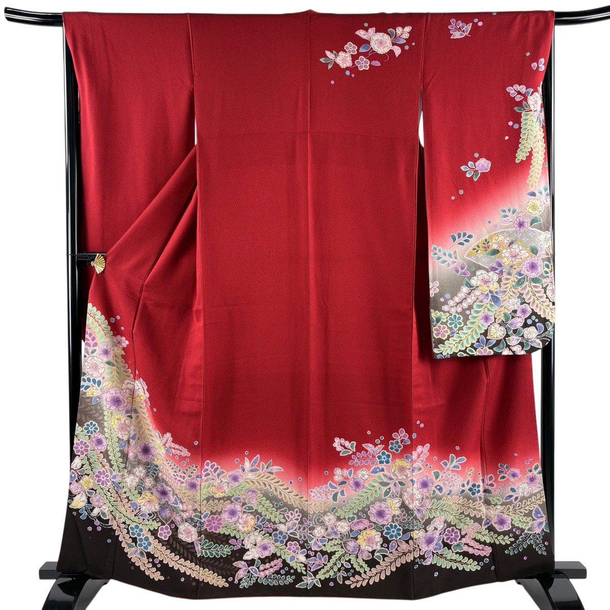 振袖 身の丈163珊 裄丈66.5珊 M 袷 辻が花柄 染め分け ぼかし 赤 正絹 神品 【中古】