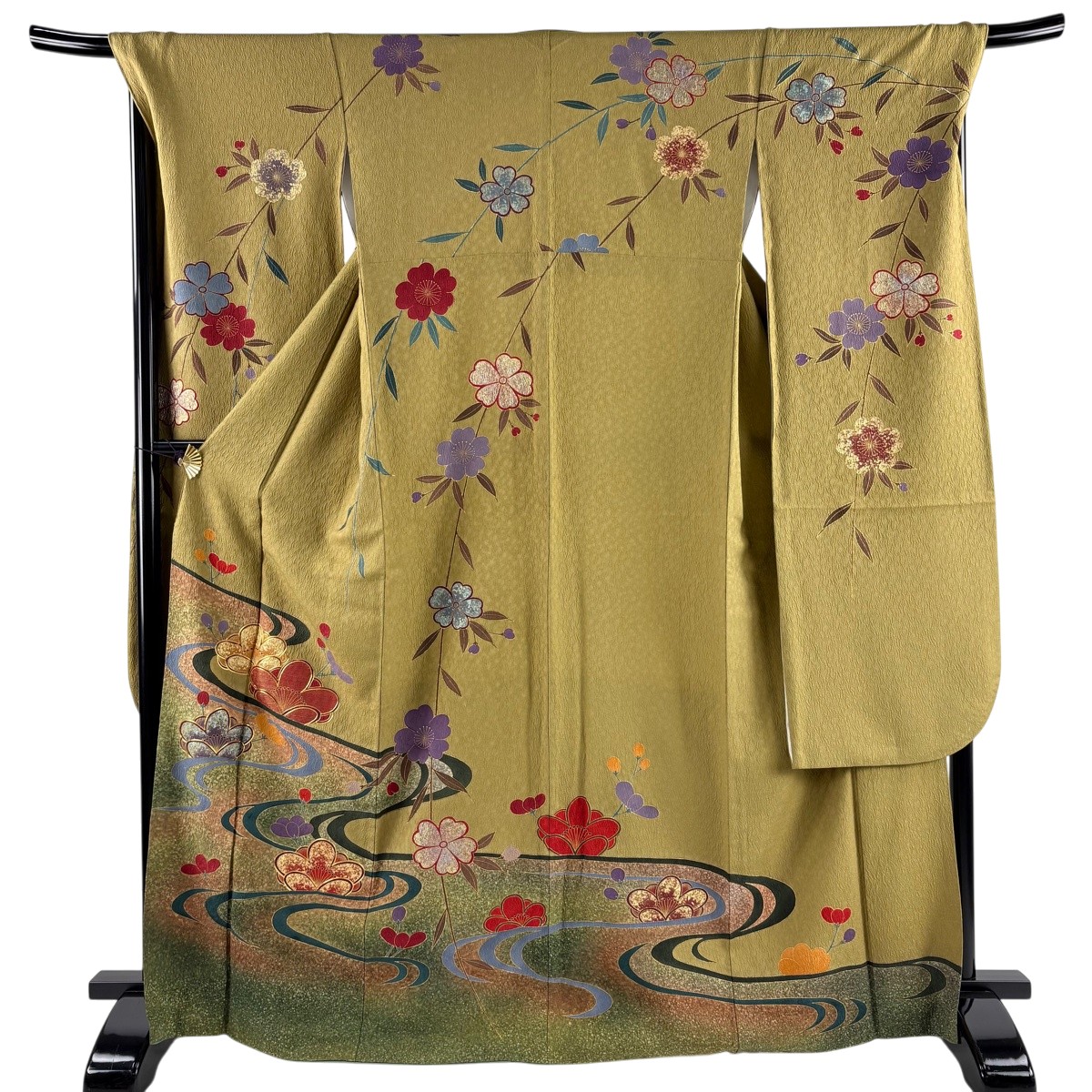 振袖 身の丈167珊 裄丈69珊 L 袷 梅 水筋 金糸 金彩 鶯色 正絹 神品 【中古】