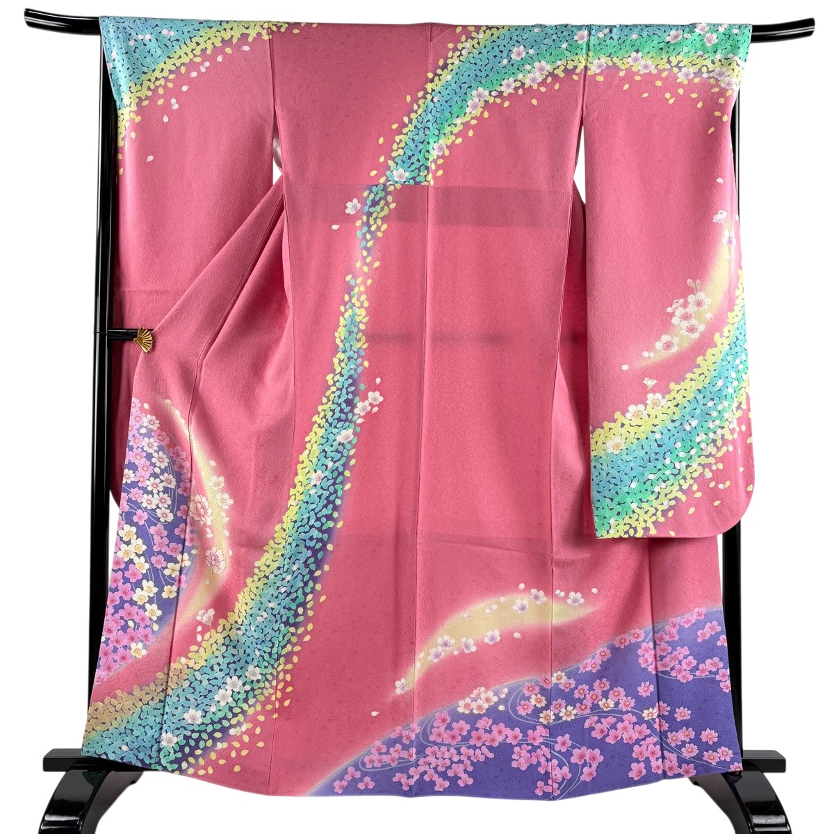 振袖 身の丈163.5珊 裄丈67.5珊 L 袷 桜 花脣 金糸 ぼかし さくら色 正絹 神品 【中古】