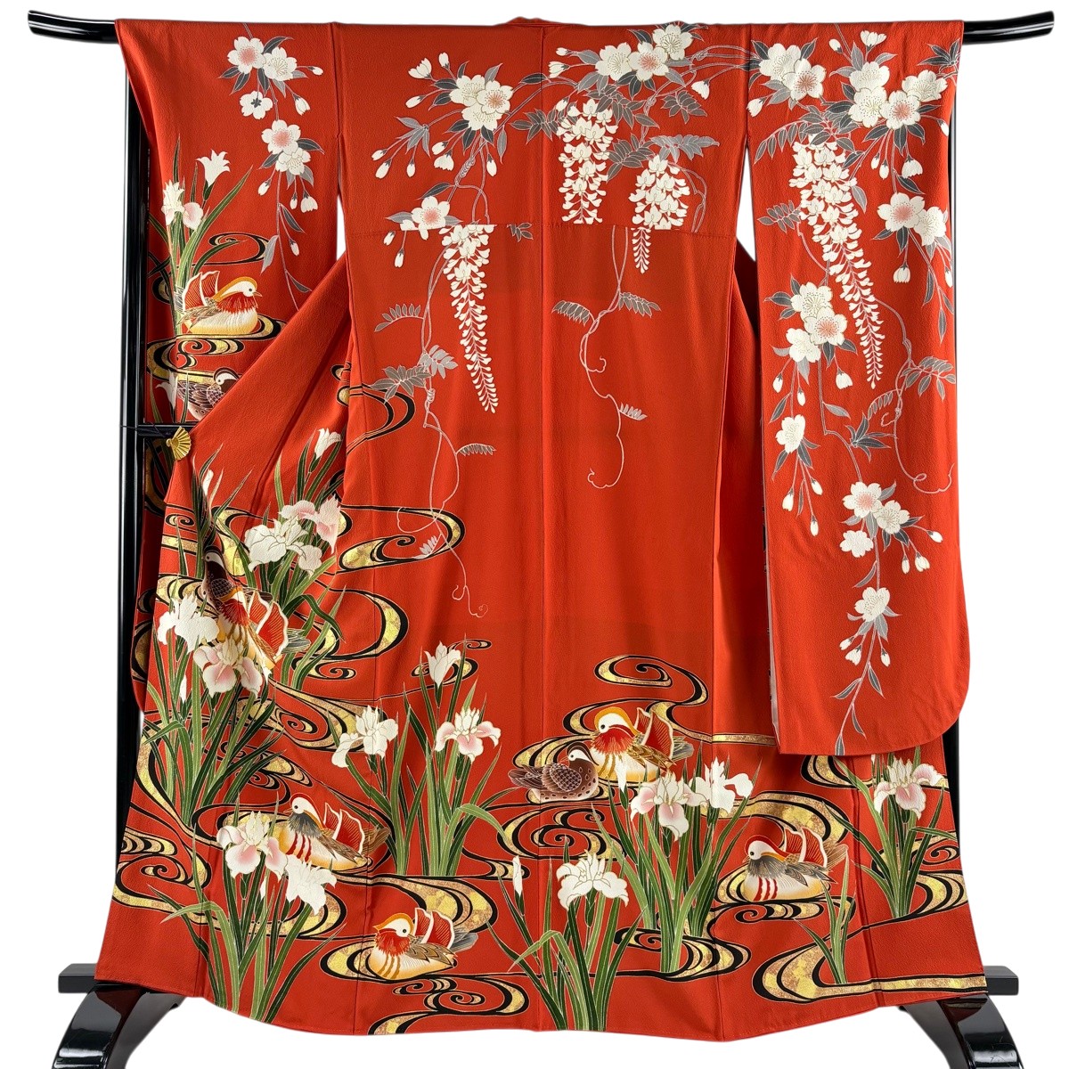 振袖 身の丈164珊 裄丈68珊 L 袷 鴛鴦 花ショウブ 金彩 オレンジ色 正絹 神品 【中古】