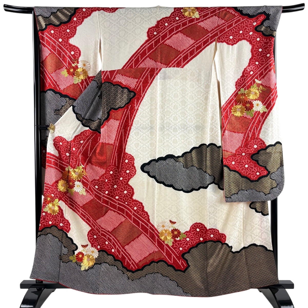 振袖 身の丈161.5珊 裄丈67.5珊 L 袷 菊 橋 絞り 金糸 赤 正絹 神品 【中古】