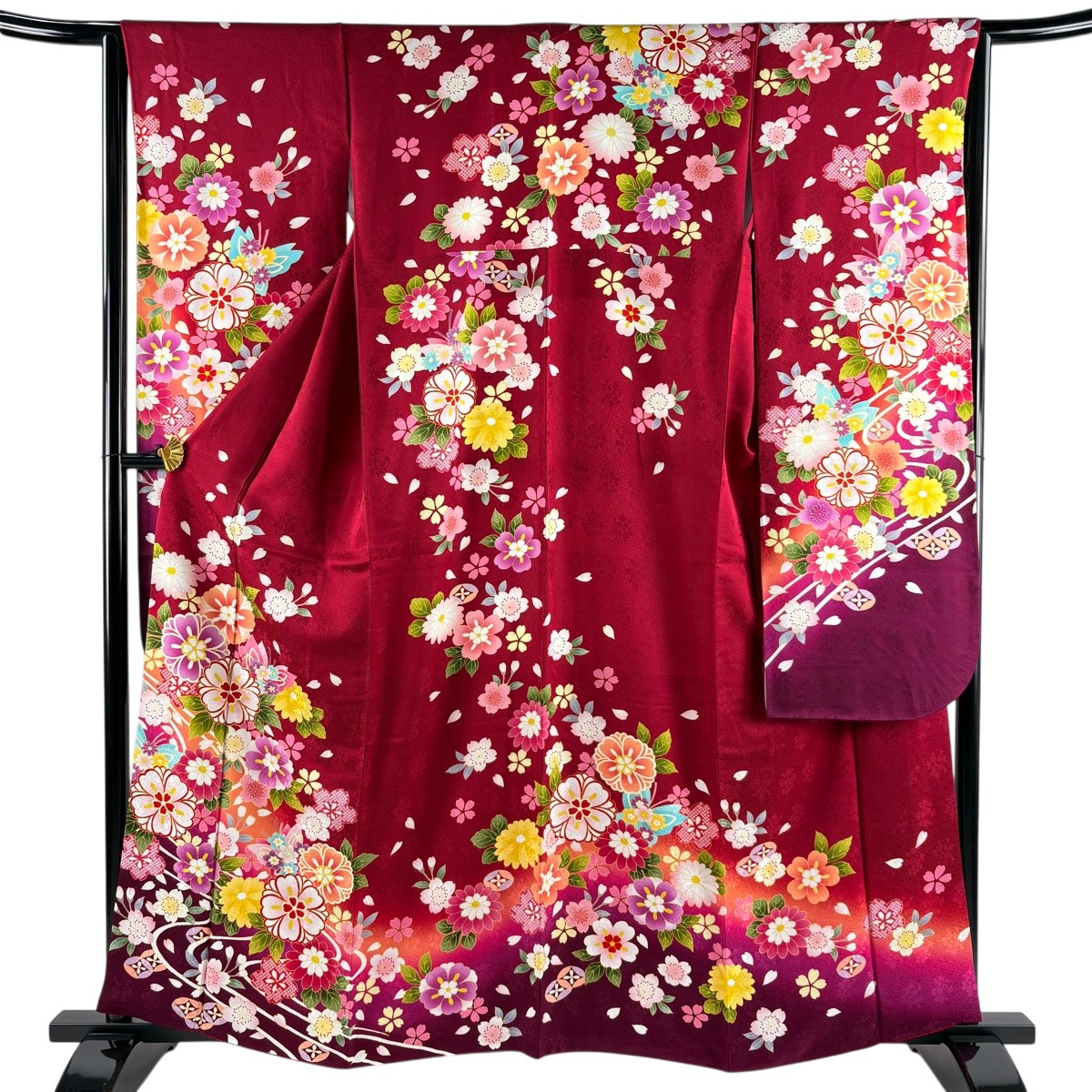 【美品】 振袖 身の丈161珊 裄丈64珊 M 袷 顕花植物 水筋 金糸 染め分け 赤 正絹 神品 【中古】