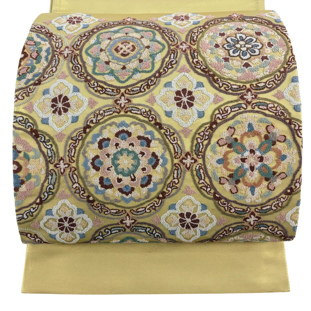 【美品】 袋帯 珠玉 華文 花 相良刺しゅう 箔 金色 お太鼓柄 正絹 【中古】