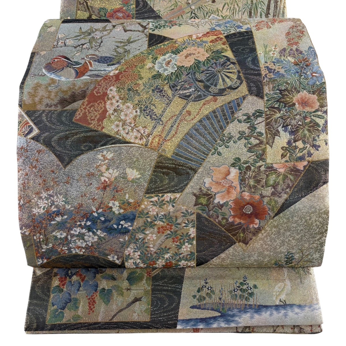 【美品】 丸帯 珠玉 壱阡八百口織 日本図面全集 扇 割れ易い プラチナ箔 灰緑 全通 正絹 【中古】