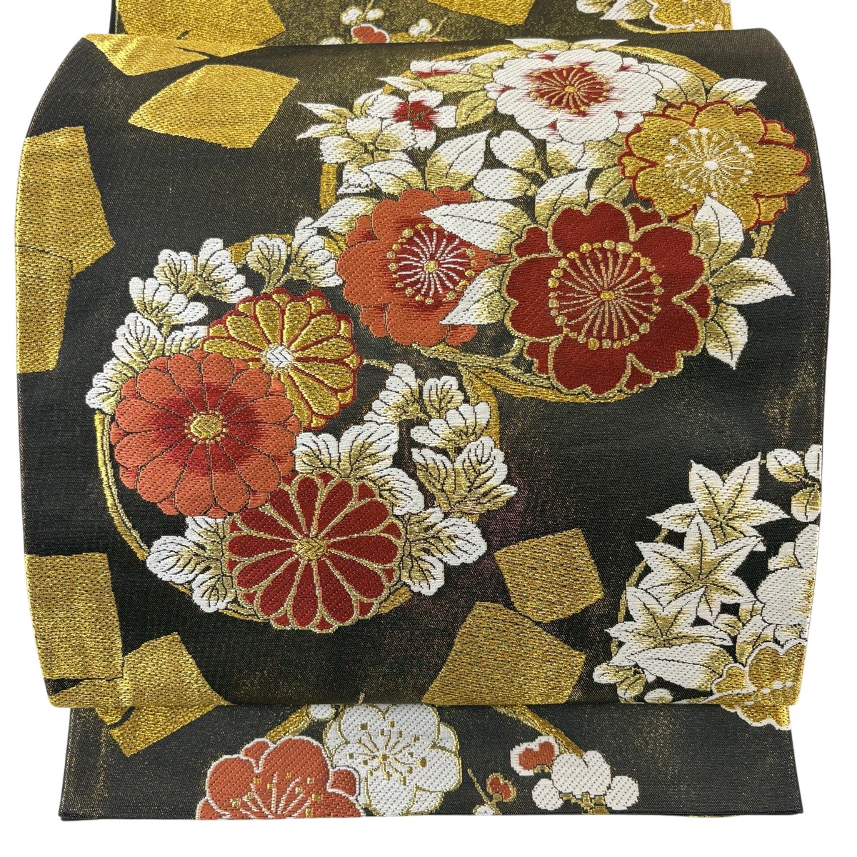 【美品】 袋帯 秀品 ますいわ屋 花丸文 桜 金糸 箔 黒灰 六通 正絹 【中古】