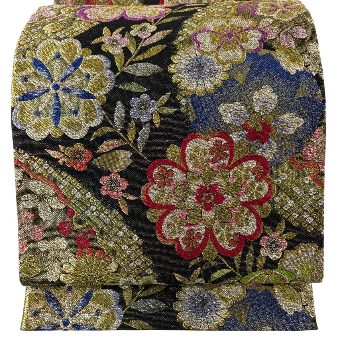 【美品】 袋帯 秀品 振袖針路 顕花植物 雪輪 金糸 箔 黒 六通 正絹 【中古】