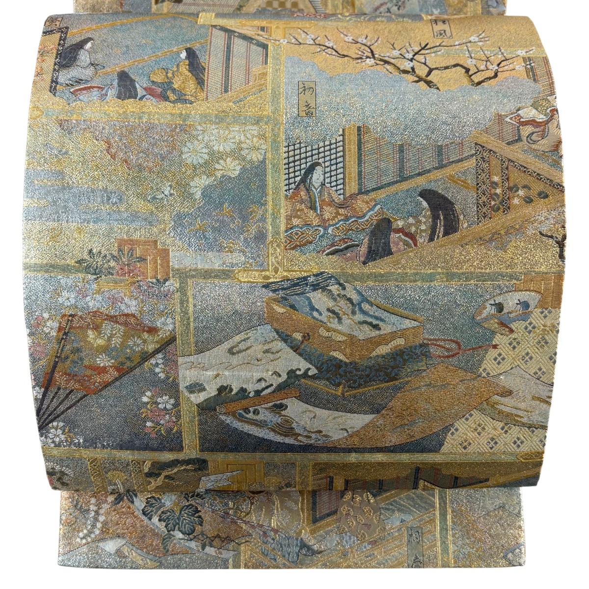 【美品】 丸帯 神品 名書きあり 徳川総合博物館九鼎大呂 姫 文箱 金糸 箔 青薄墨色 全通 正絹 【中古】