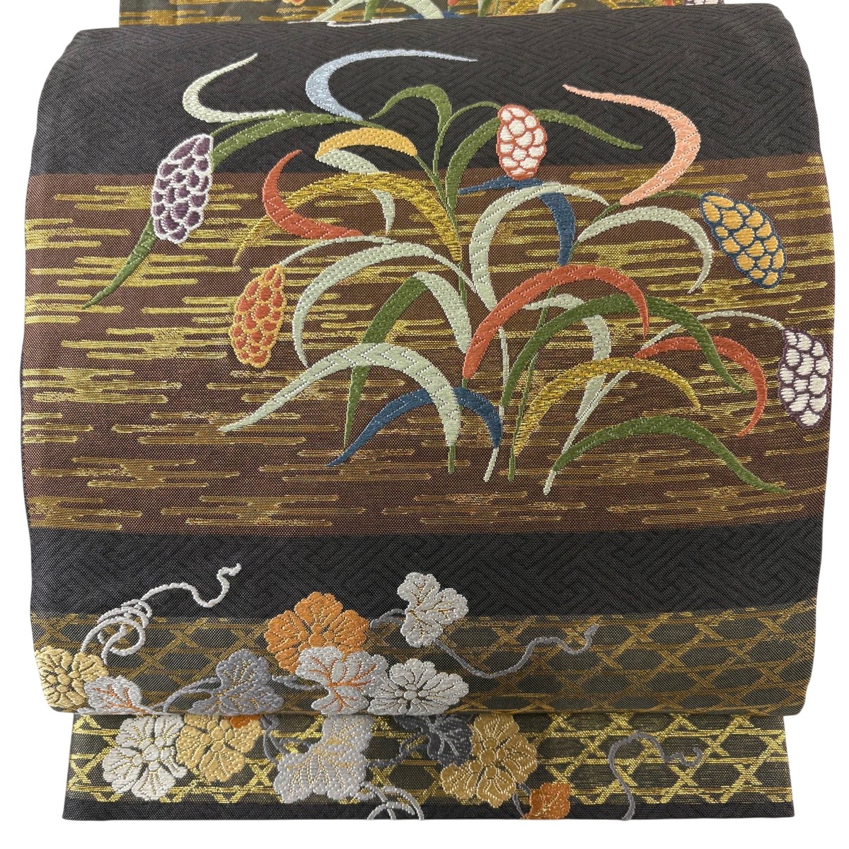 【美品】 袋帯 秀品 顕花植物 ヱ霞 金糸 箔 黒灰 六通 正絹 【中古】