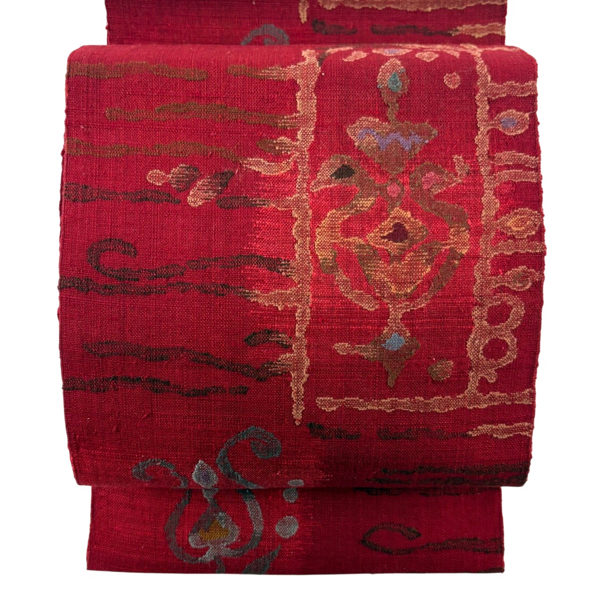 【美品】 名古屋帯 神品 八寸名古屋帯 松葉仕立てもの 幾何学学飾りつけ 赤 正絹 【中古】