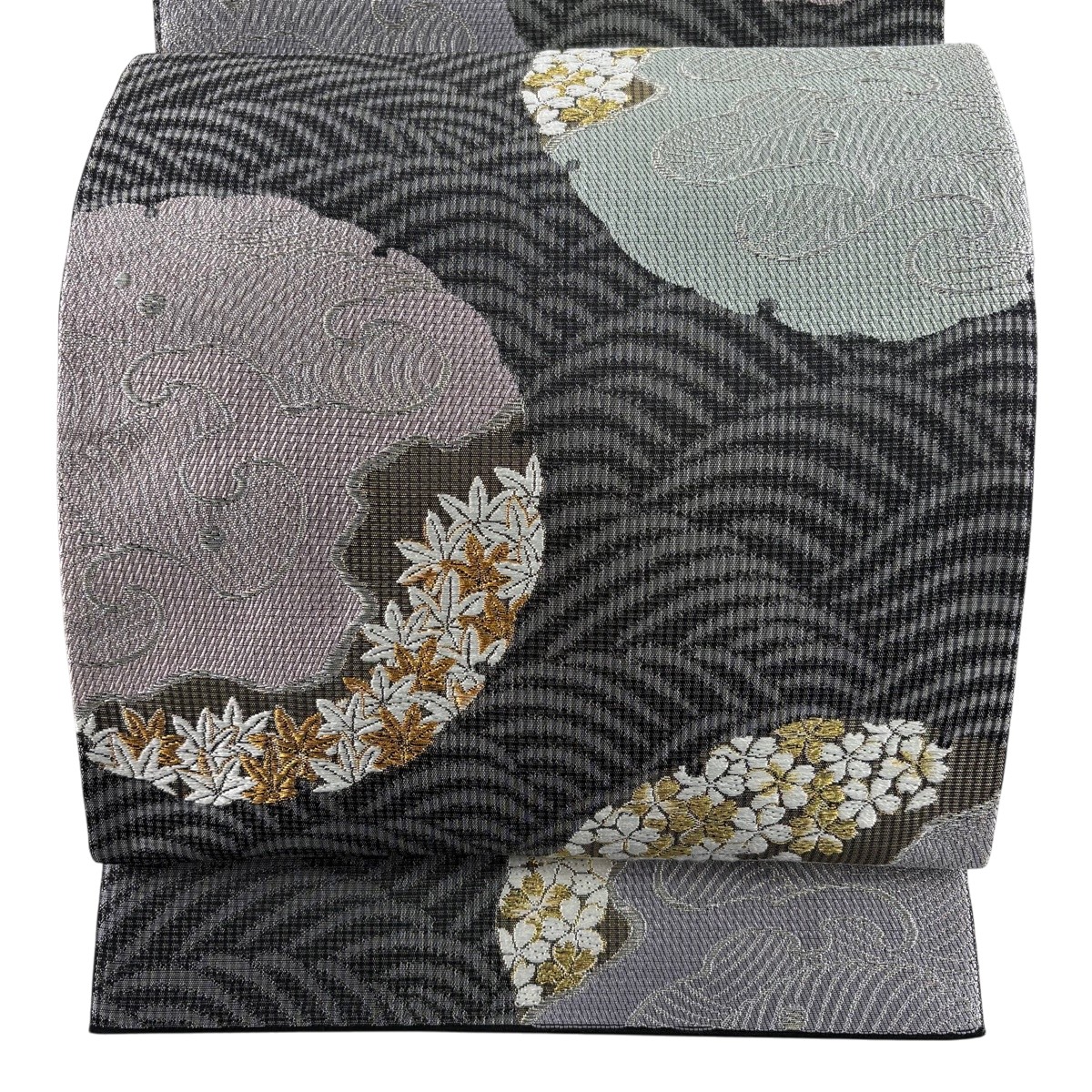 【美品】 袋帯 秀品 雪輪 桜 現ナマ糸 黒灰 六通 正絹 【中古】