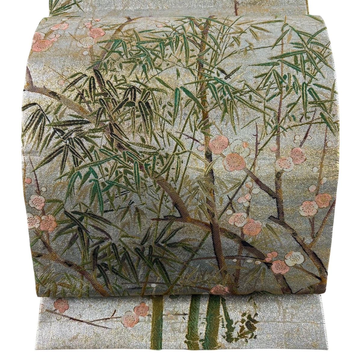 丸帯 珠玉 リヴァーシブル 雪松図屏風 雨竹風竹図屏風 金糸 箔 しろがね色 お太鼓柄 正絹 【中古】