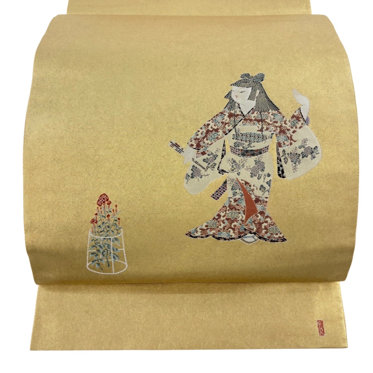 【美品】 袋帯 珠玉 由水十久 名書きあり 重要人物 顕花植物 箔 金糸 金色 お太鼓柄 正絹 【中古】
