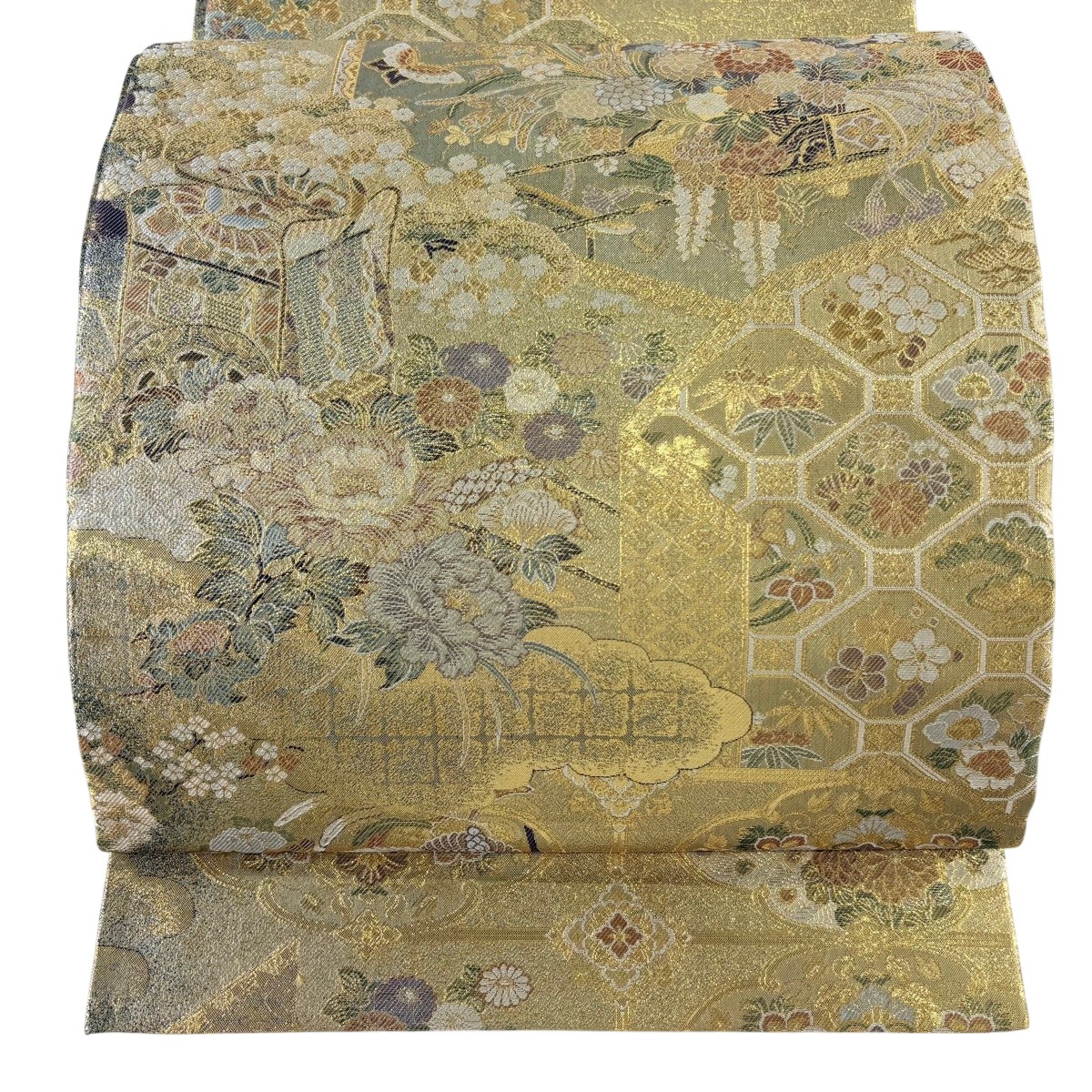【美品】 丸帯 珠玉 御所車 蜀江文 金糸 箔 金色 お太鼓柄 正絹 【中古】